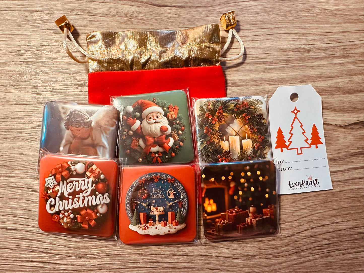 Red and gold pouch with tag