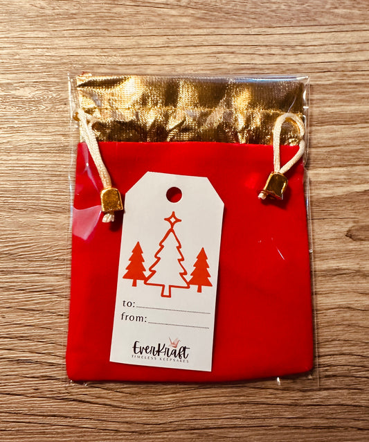 Red and gold pouch with tag